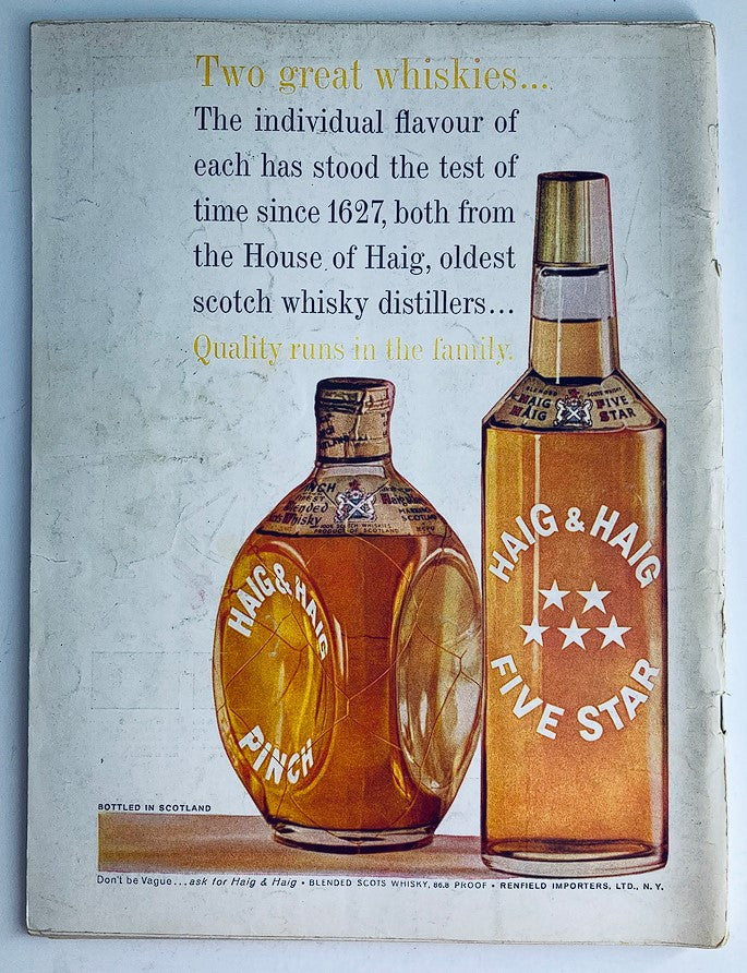 Vintage advertisement from the back cover of VTG Playboy Magazine June 1961 featuring Haig & Haig whiskies, showcasing mid-century design elements and product imagery.