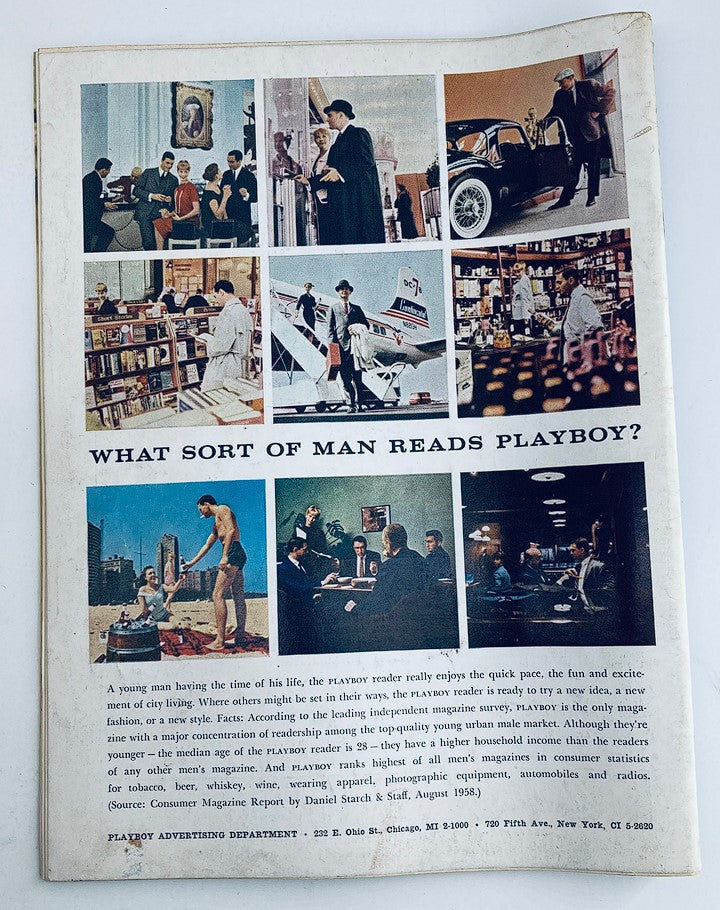 Back cover of the vintage Playboy Magazine January 1959, featuring an advertisement discussing the demographics and interests of Playboy readers.