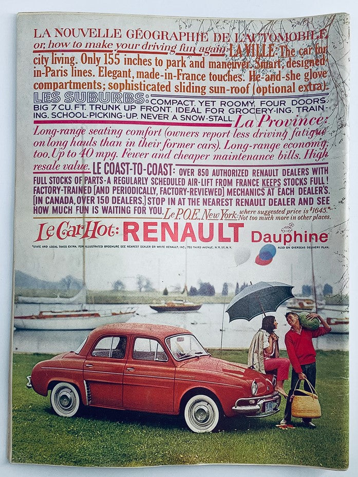 Back cover of VTG Playboy Magazine October 1959 featuring a vintage Renault Dauphine parked near scenic water, exemplifying mid-century advertising aesthetics.