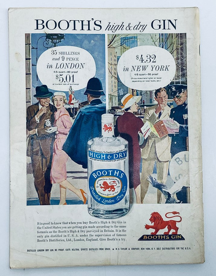 Back cover of VTG Playboy Magazine August 1960 advertising Booth's High & Dry Gin with vintage character illustrations and product details.