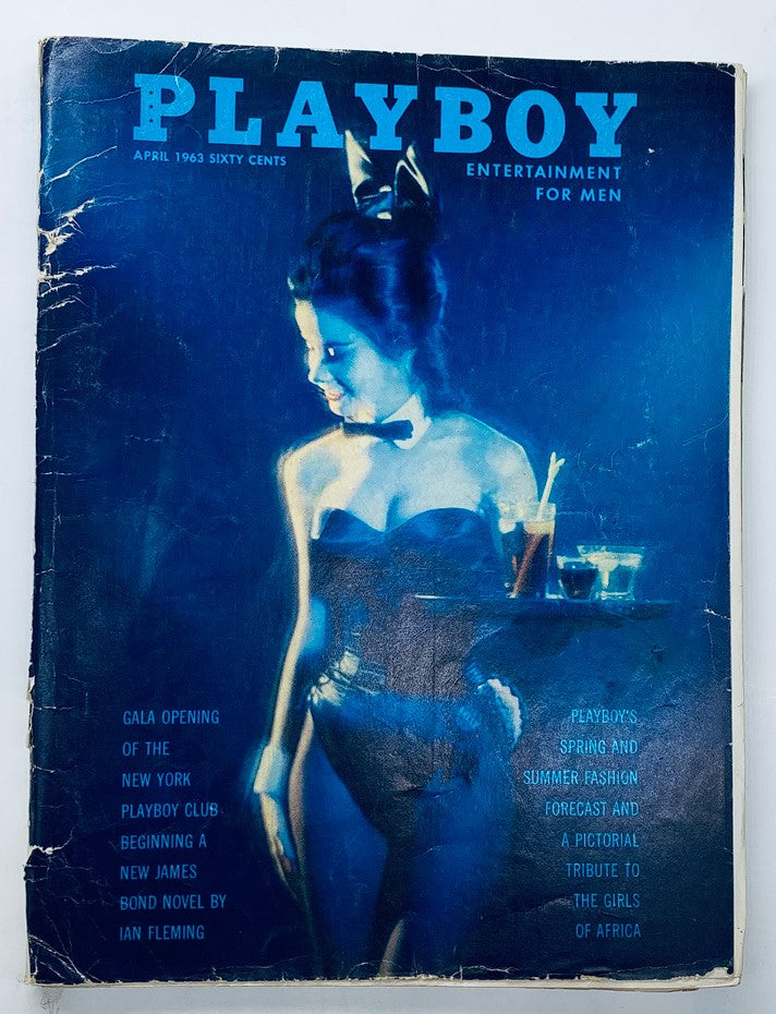 Cover of VTG Playboy Magazine April 1963 featuring a woman in a bunny costume, promoting the spirit of the 1960s and incorporating elements of entertainment and vintage aesthetics.