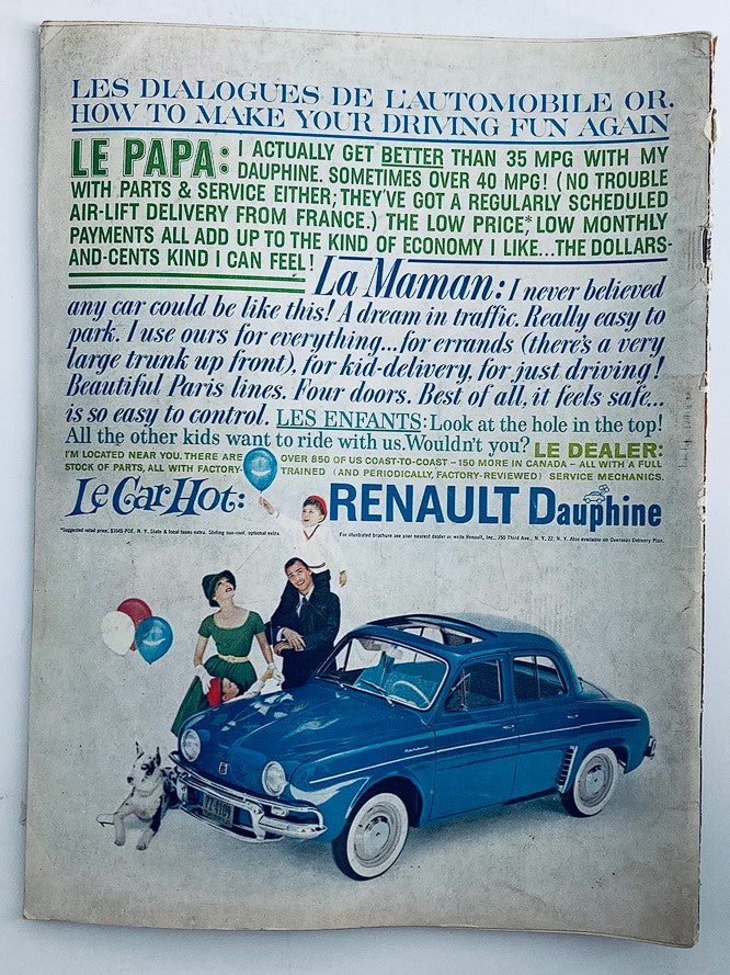 Back cover of the VTG Playboy Magazine September 1959 featuring an advertisement for the Renault Dauphine, highlighting its features.