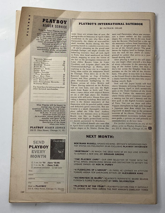 Vintage Playboy Magazine February 1963 reader service page detailing subscription options and features.