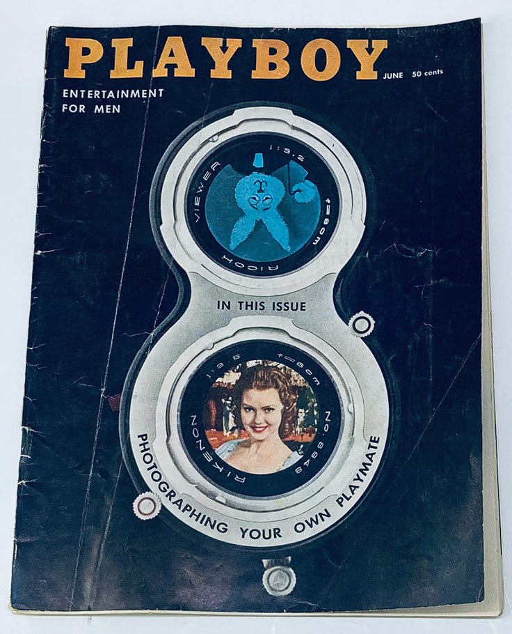 Cover of VTG Playboy Magazine June 1958 featuring Judy Lee Tomerlin with a vintage photographic viewer graphic.