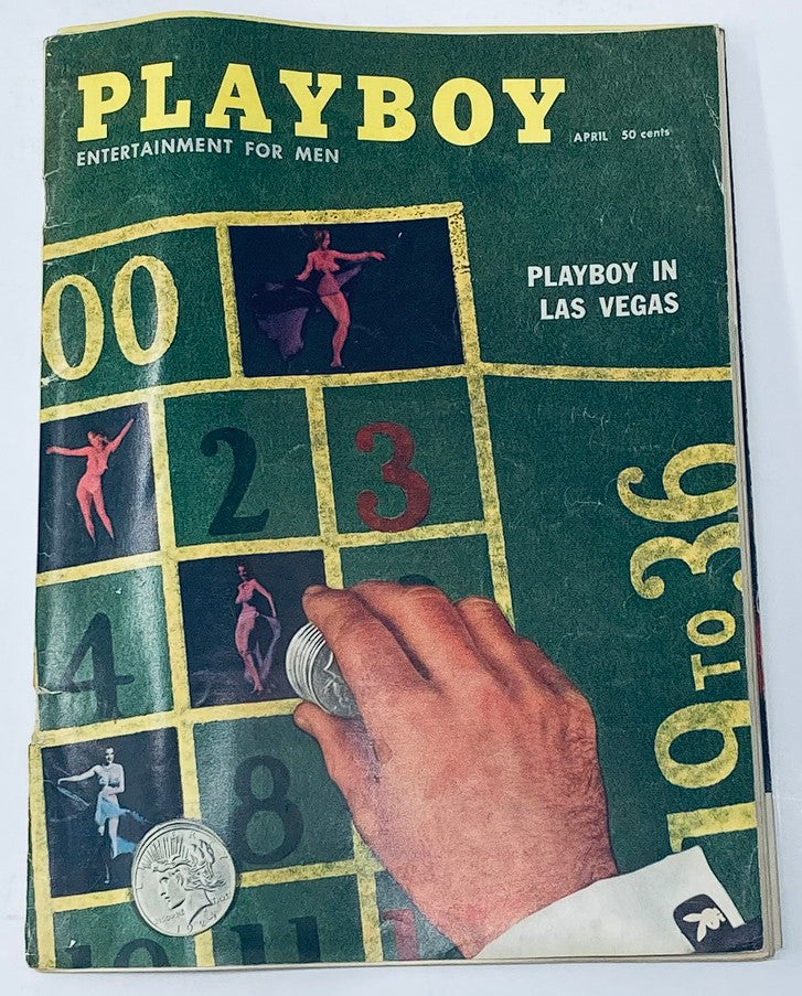 VTG Playboy Magazine April 1958 cover featuring a vintage design with a hand holding a coin and colorful dancers on a roulette board.