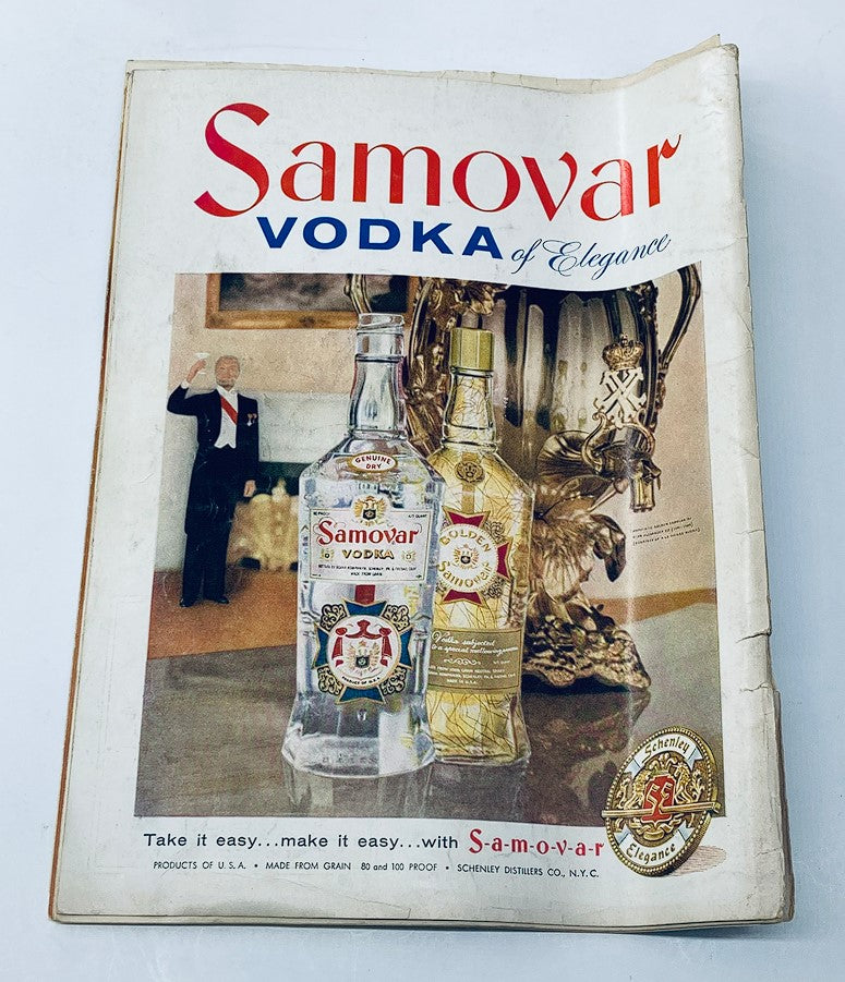 Vintage advertisement page for Samovar Vodka in the VTG Playboy Magazine April 1958, displaying elegantly designed vodka bottles.