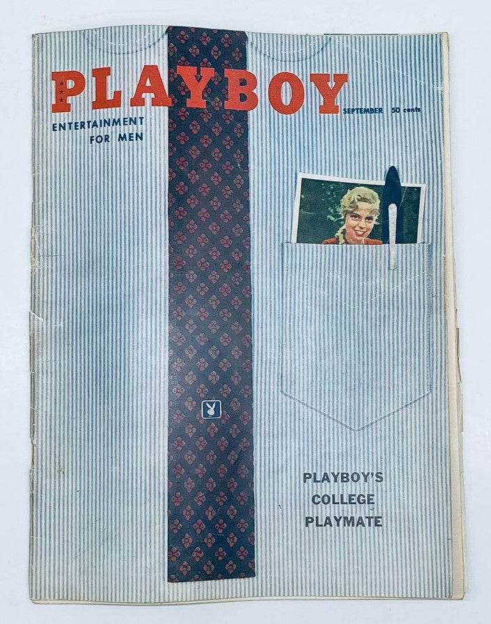 Cover of VTG Playboy Magazine September 1958 featuring a striped design with the title readable and a pocket showcasing a photo of a blonde woman, representing the edition titled 'The Subliminal Pitch'.