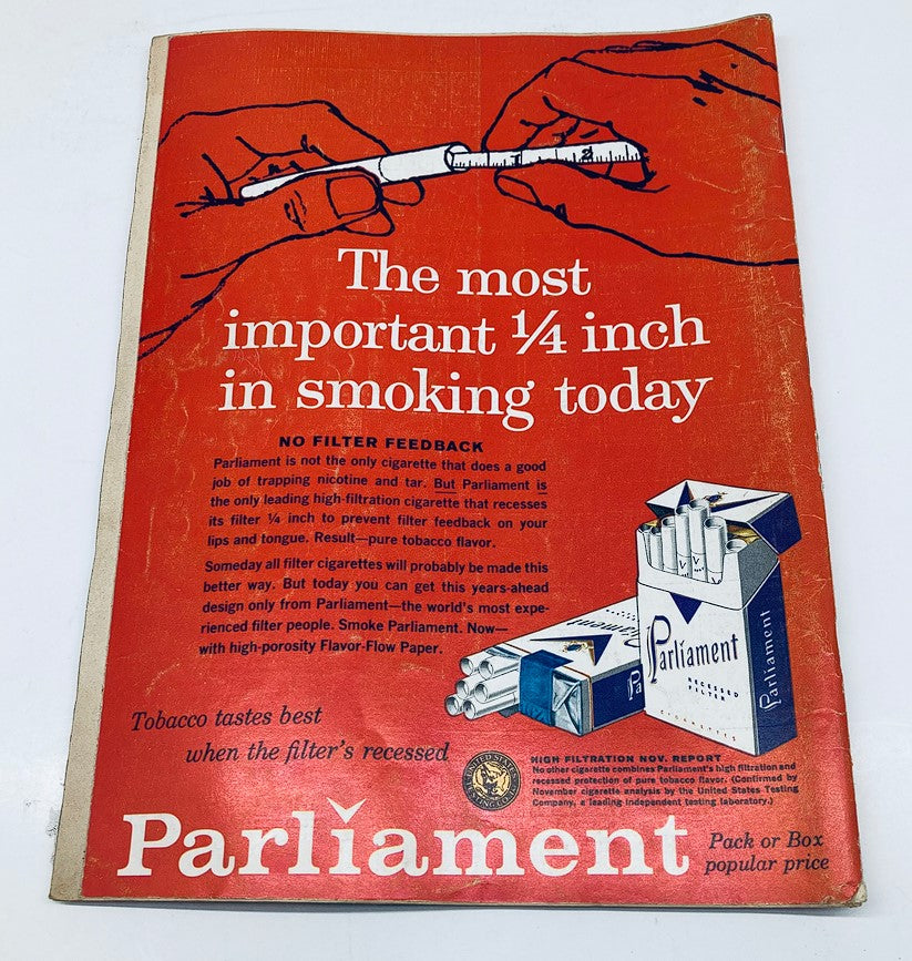 VTG Playboy Magazine December 1959 cover featuring a notable advertisement for Parliament cigarettes. The ad emphasizes the importance of the filter in smoking, showcasing a hand holding a cigarette with text promoting the unique features of Parliament. This vintage magazine captures a distinctive era in advertising.
