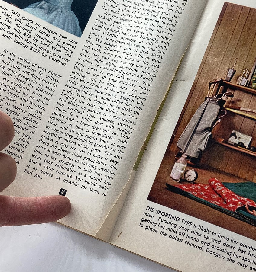 Close-up view of the interior pages of VTG Playboy Magazine May 1958, showcasing vintage lifestyle articles and features, including a model in elegant fashion.
