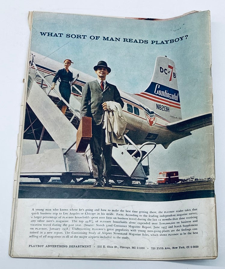 Back cover of the vintage Playboy Magazine from September 1958, titled 'The Subliminal Pitch', showcasing an advertisement with a man in a suit standing beside an airplane.