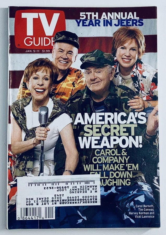 TV Guide Magazine January 5 2002 featuring Carol Burnett and Tim Conway on the cover, highlighting their comedic legacy and nostalgic value in vintage television.