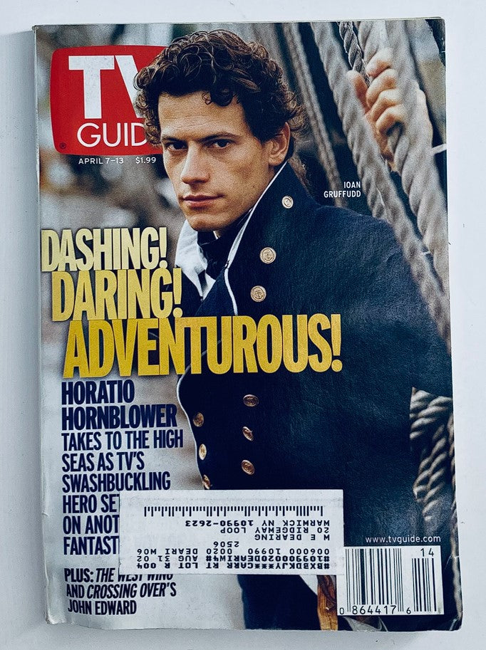 TV Guide Magazine April 7 2001 featuring Ioan Gruffudd on the cover, showcasing his role as Horatio Hornblower in a classic swashbuckling look.