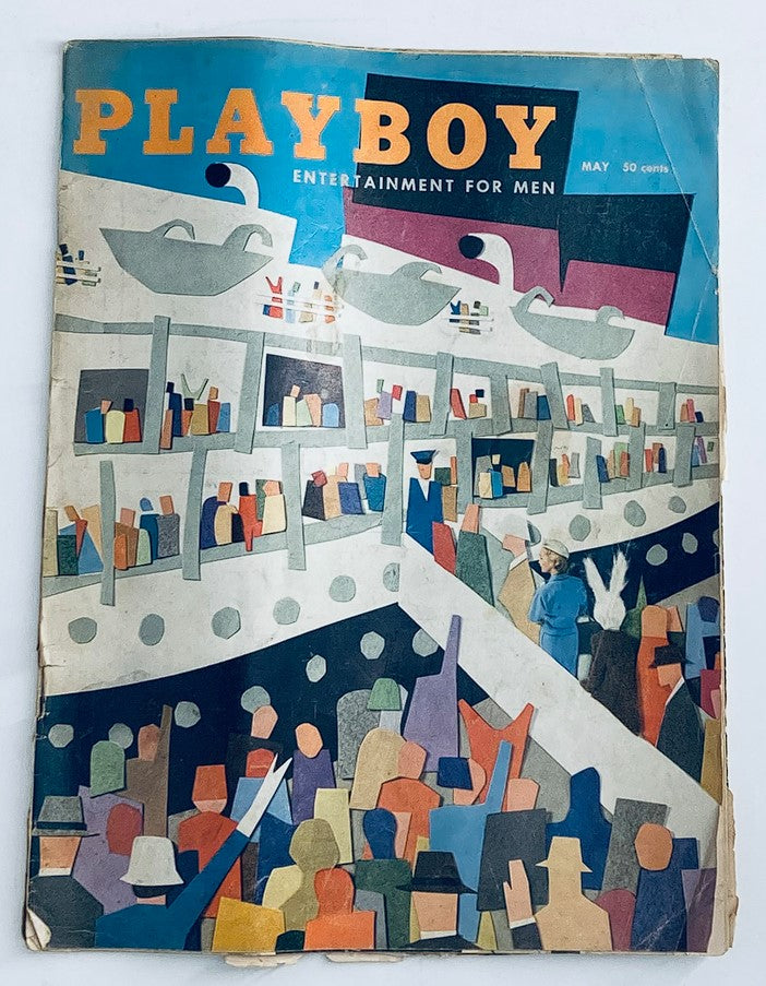 VTG Playboy Magazine May 1957 featuring striking cover artwork by Norman Harris, showcasing vibrant colors and abstract designs reflective of the 1950s era.