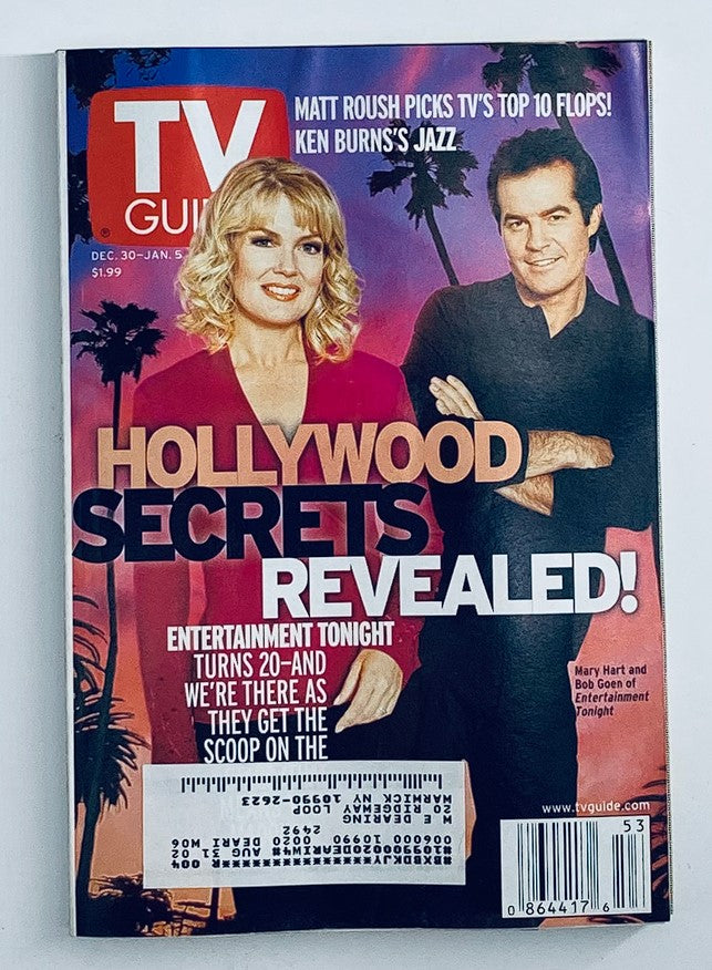 Cover of TV Guide Magazine, December 30, 2000 featuring hosts Bob Goen and Mary Hart with the headline 'Hollywood Secrets Revealed!' highlighting entertainment insights.