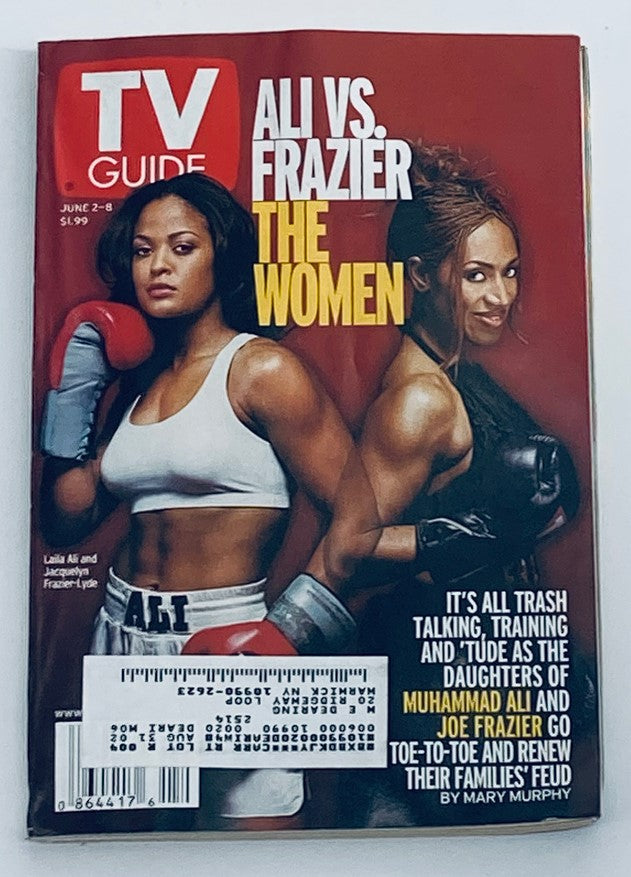 TV Guide Magazine June 2 2001 cover featuring Laila Ali and Jacquelyn Frazier-Lyde, showcasing the headline 'Ali vs. Frazier: The Women' with imagery of the two boxing figures in the ring.