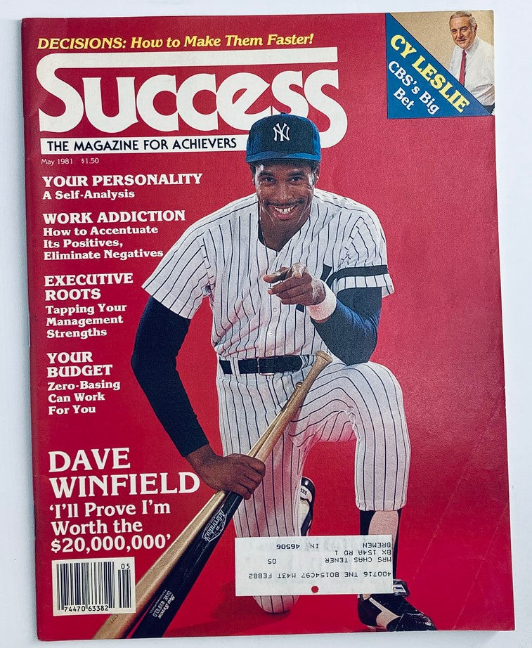 Cover of VTG Success Magazine from May 1981 featuring Dave Winfield, showcasing headlines like 'Your Personality', 'Work Addiction', and 'I'll Prove I'm Worth the $20,000,000'. The cover includes photos and mentions of Cy Leslie and CBS's Big Bet.
