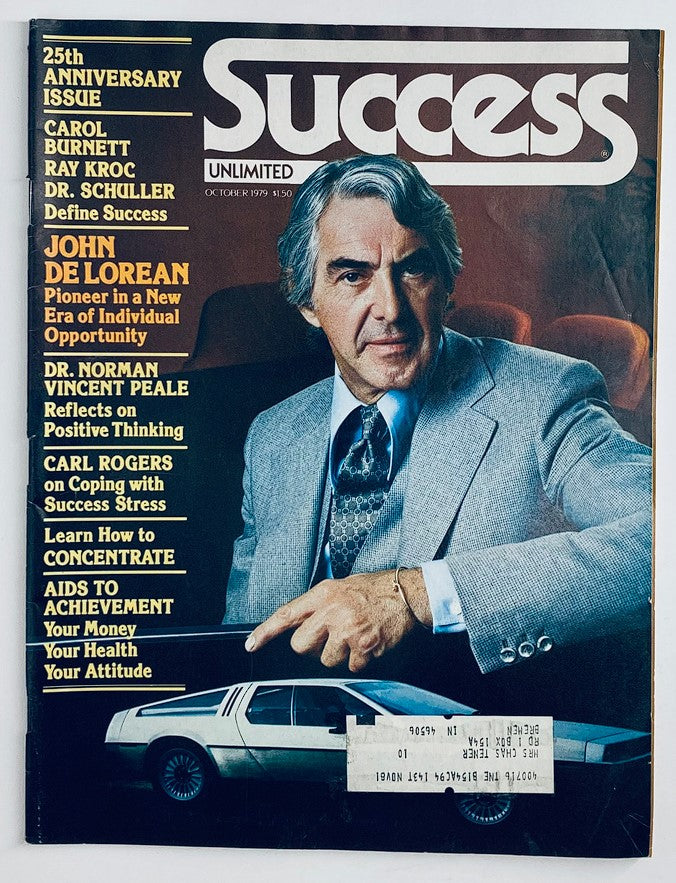 Cover of the vintage Success Magazine, October 1979 edition, featuring John De Lorean, titled 'VTG Success Magazine October 1979 John De Lorean New Era Individual Opportunity'. The magazine includes articles on individual opportunity and positive thinking, alongside a vintage illustration of a DeLorean car.