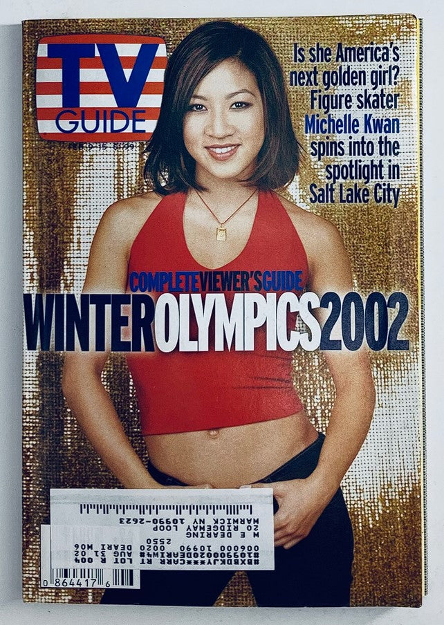 Cover of TV Guide Magazine February 9, 2002, featuring figure skater Michelle Kwan during the Winter Olympics, showcasing her as a prominent athlete in a red top against a sparkling gold background.