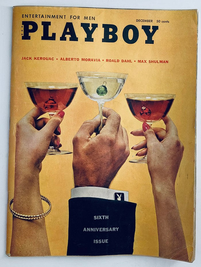 VTG Playboy Magazine December 1959 cover featuring hands holding cocktails, with the text 'Entertainment for Men' and mention of Jack Kerouac and other authors.