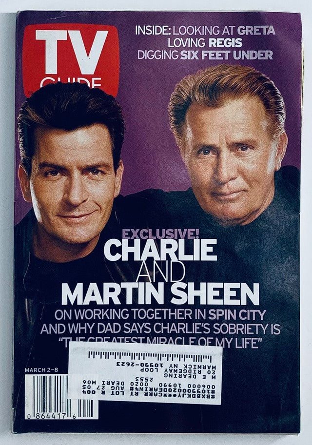 TV Guide Magazine March 2 2002 featuring Charlie Sheen and Martin Sheen on the cover, highlighting their collaboration in the entertainment industry, showcasing their iconic father-son relationship.