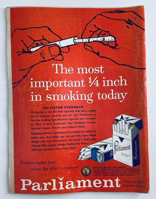 Back cover of an advertisement for Parliament cigarettes, highlighting the importance of a specific quarter inch for better smoking experience.
