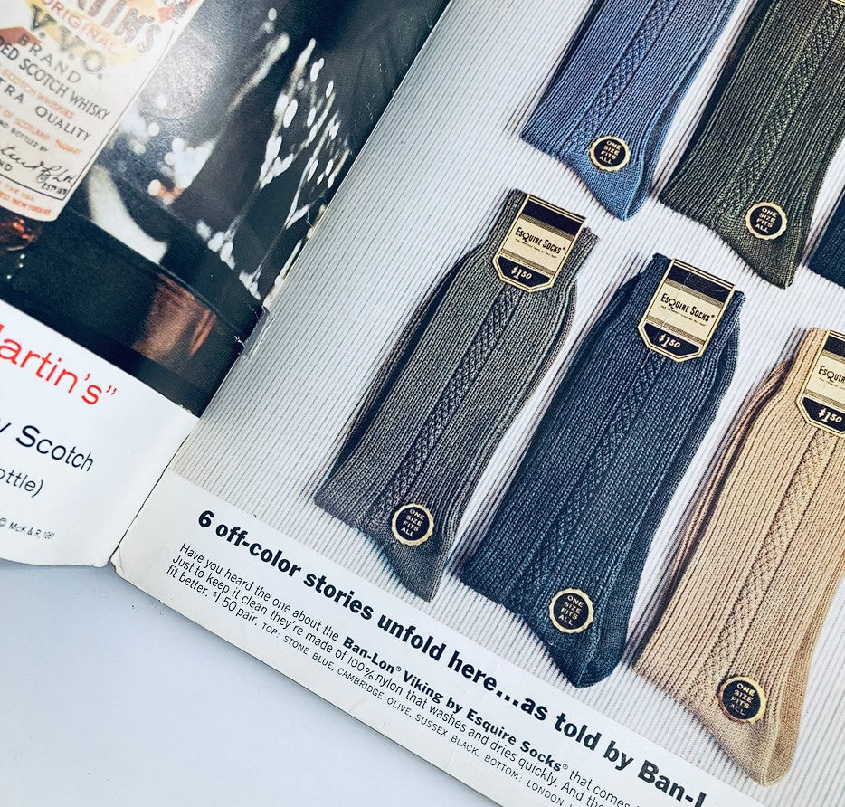 Interior page from VTG Playboy Magazine March 1962 showcasing advertisements for Esquire Socks, highlighting the fashion of the 1960s. A collectible item representing vintage advertising in Original Magazines.
