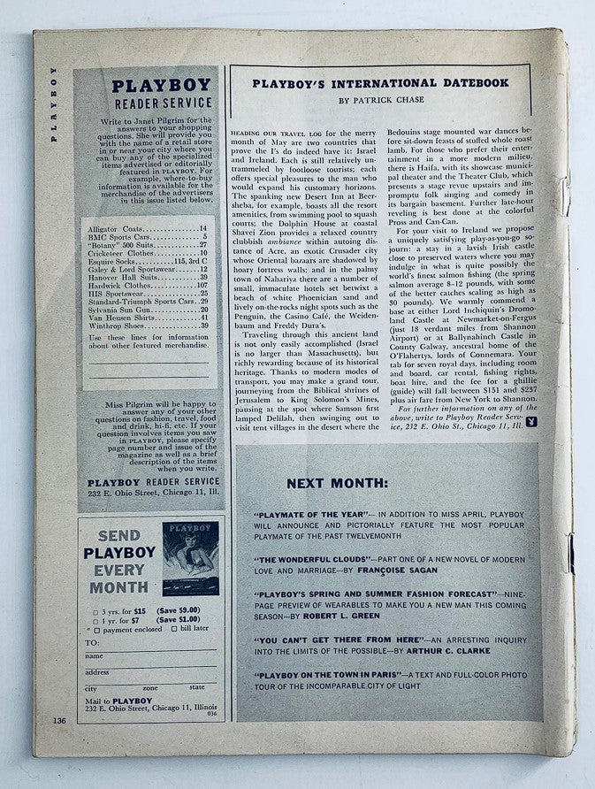 Back cover of VTG Playboy Magazine March 1962, featuring the Playboy Reader Service with promotional details and offers, emphasizing the historical significance of magazine formats in the early 1960s. A collectible vintage magazine from Original Magazines.