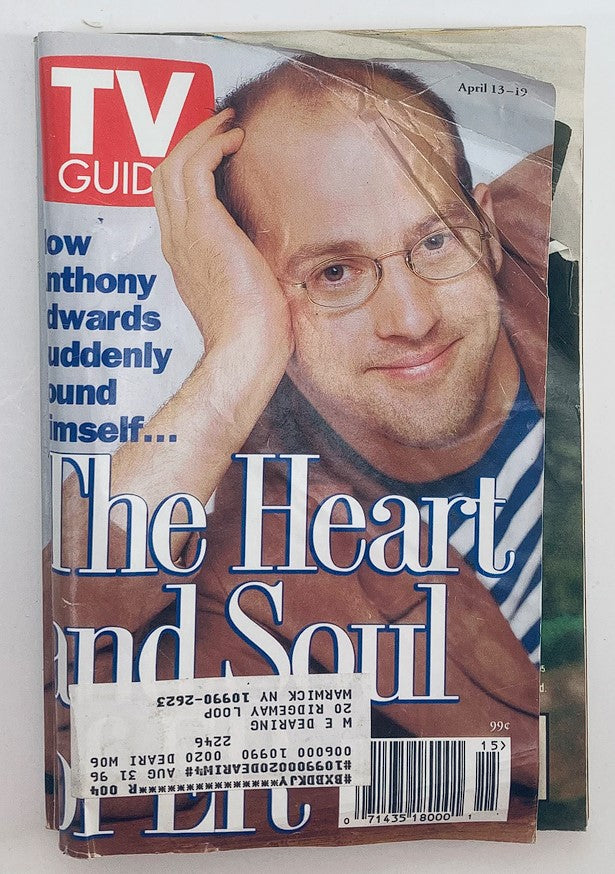 TV Guide Magazine from April 13, 1996 featuring Anthony Edwards on the cover, highlighting his role and featuring the headline 'The Heart and Soul of Life.' This vintage magazine captures a moment in television history from the 1990s.