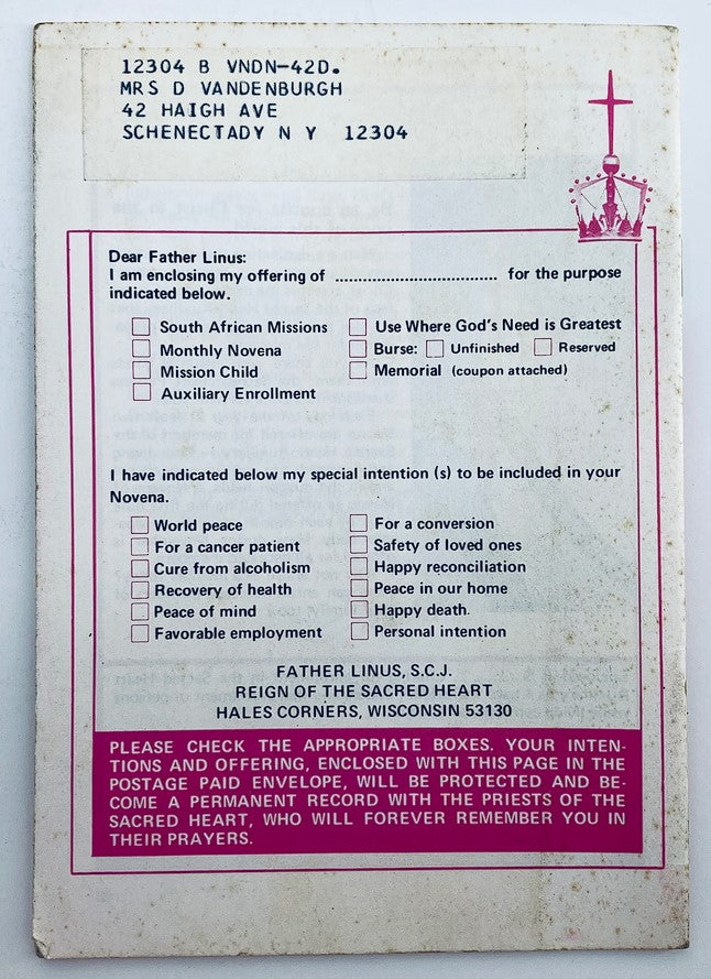 Back cover of the VTG Reign of the Sacred Heart Magazine April 1977, displaying a message for contributions to religious missions and special prayer intentions.