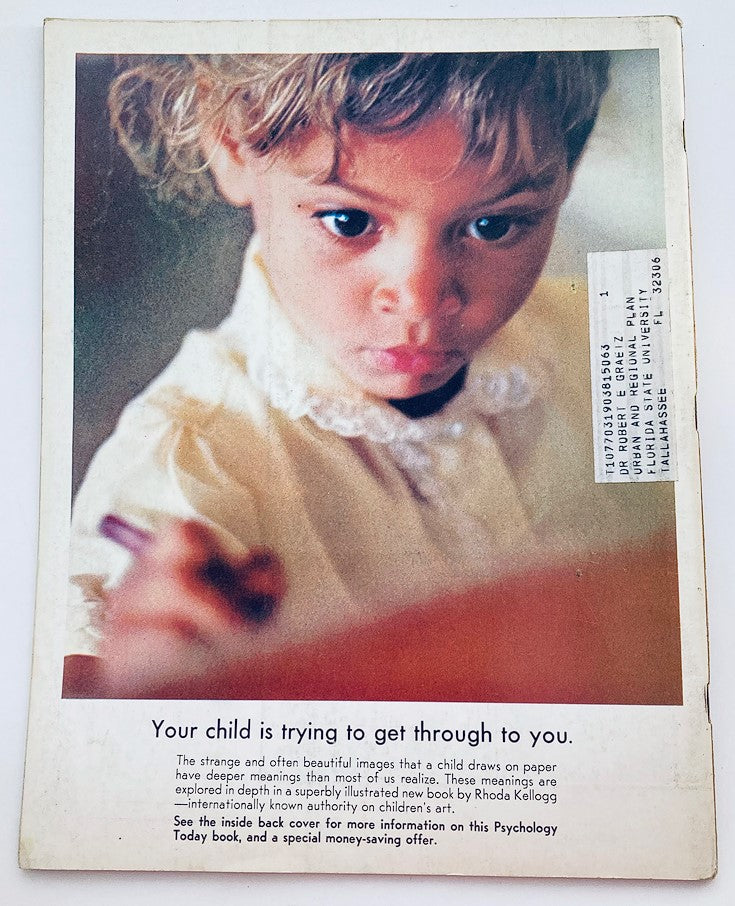 Back cover of VTG Psychology Today Magazine October 1967, featuring a child drawing and text about the meaning of children's art. The cover highlights the theme of education and psychological insights in the context of child development.