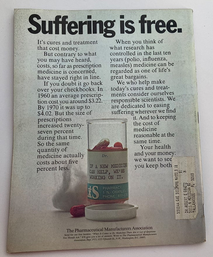Back cover of the January 1972 Psychology Today magazine featuring an advertisement titled 'Suffering is Free,' discussing prescription medicine costs and healthcare.