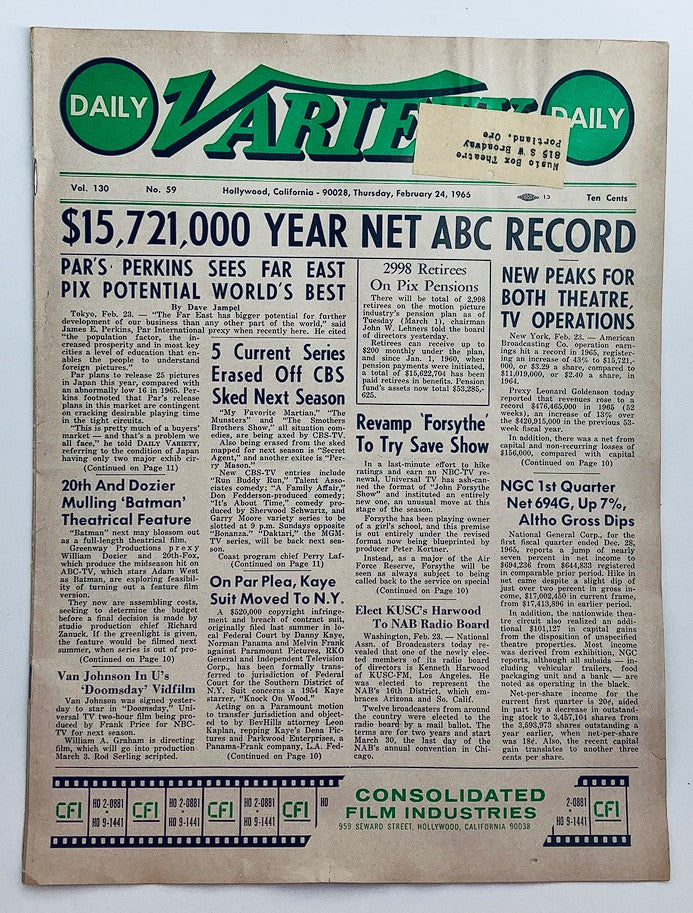 VTG Daily Variety Magazine February 24 1966 Vol 130 #59, featuring news headlines and articles related to Hollywood's entertainment industry.