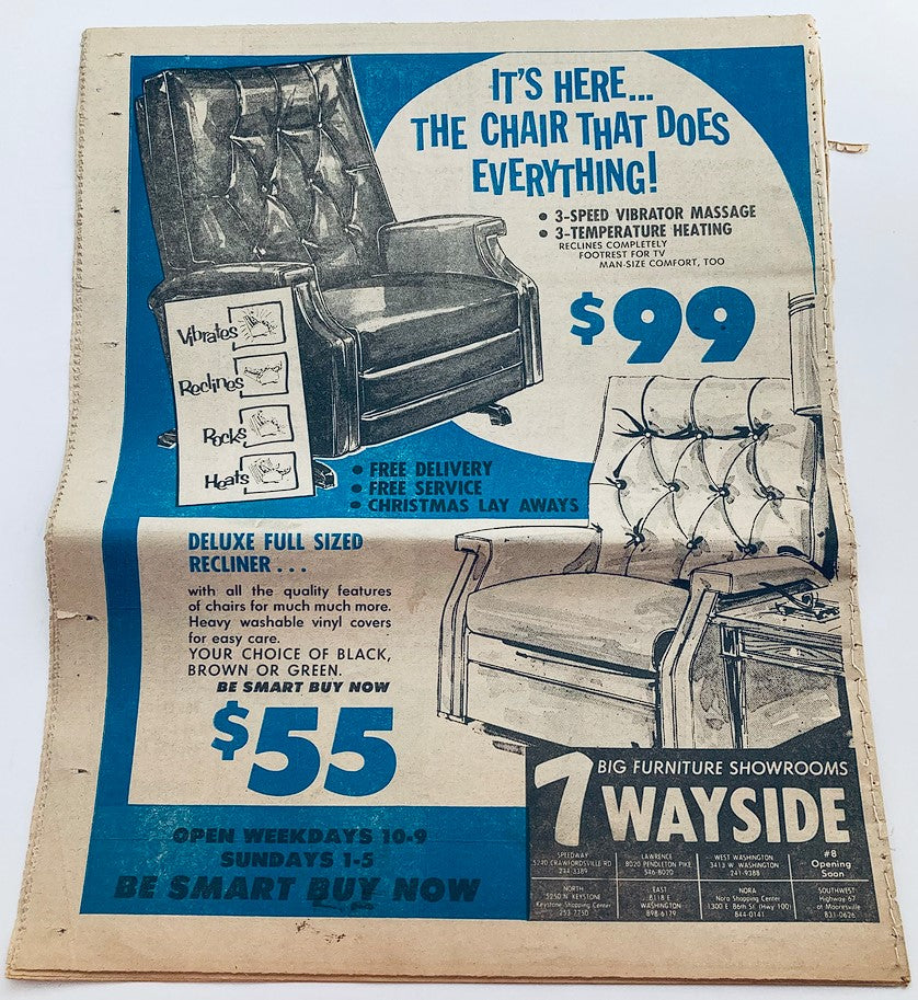 Vintage advertisement for the Indianapolis Star TV Week dated December 12, 1971, featuring Andy Williams & Family with details about a recliner sale including prices and special offers.
