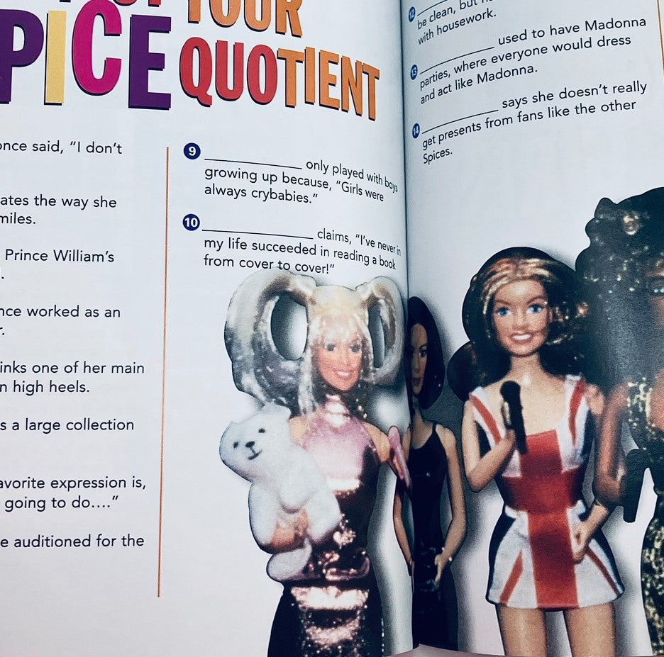 Page from Scholastic 1998 Your Unofficial Guide To Everything Spice showing a quiz about the Spice Girls with dolls representing the iconic band members.