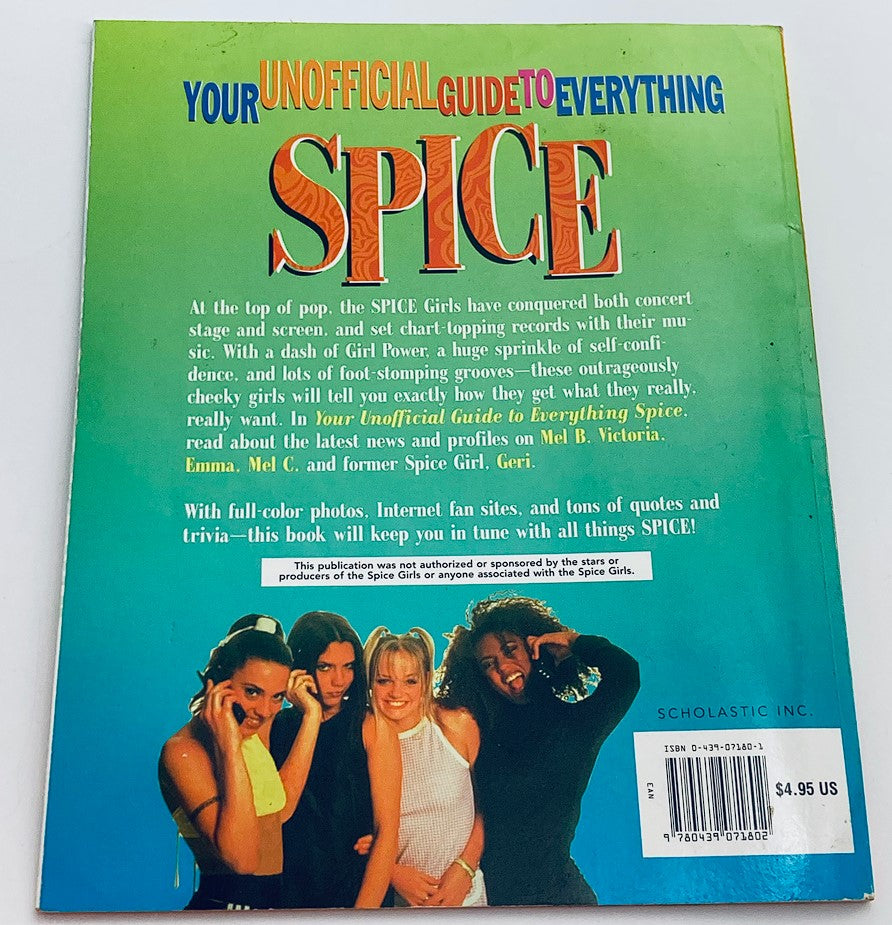 Back cover of Scholastic 1998 Your Unofficial Guide To Everything Spice, showcasing a colorful design and details about the magazine's content and pricing.