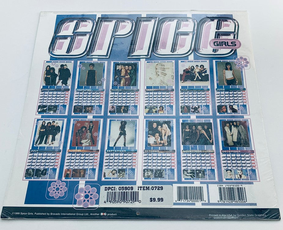 Back cover of the 1999 Spice Girls Original Official Calendar 2000, featuring 12 monthly calendar layouts and images of the Spice Girls, with a floral design and pricing details.
