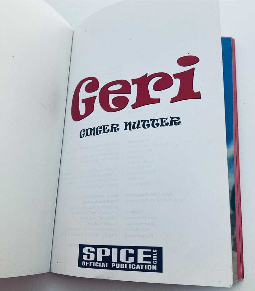 Inside page of the 1997 Official Spice Girls Minibook showing Geri's name "Geri Ginger Nutter" prominently printed.