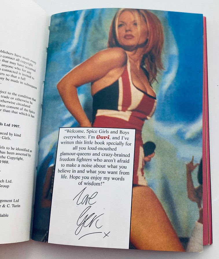 Geri Halliwell featured in the 1997 Official Spice Girls Minibook, with a personal message and signature, promoting empowerment.