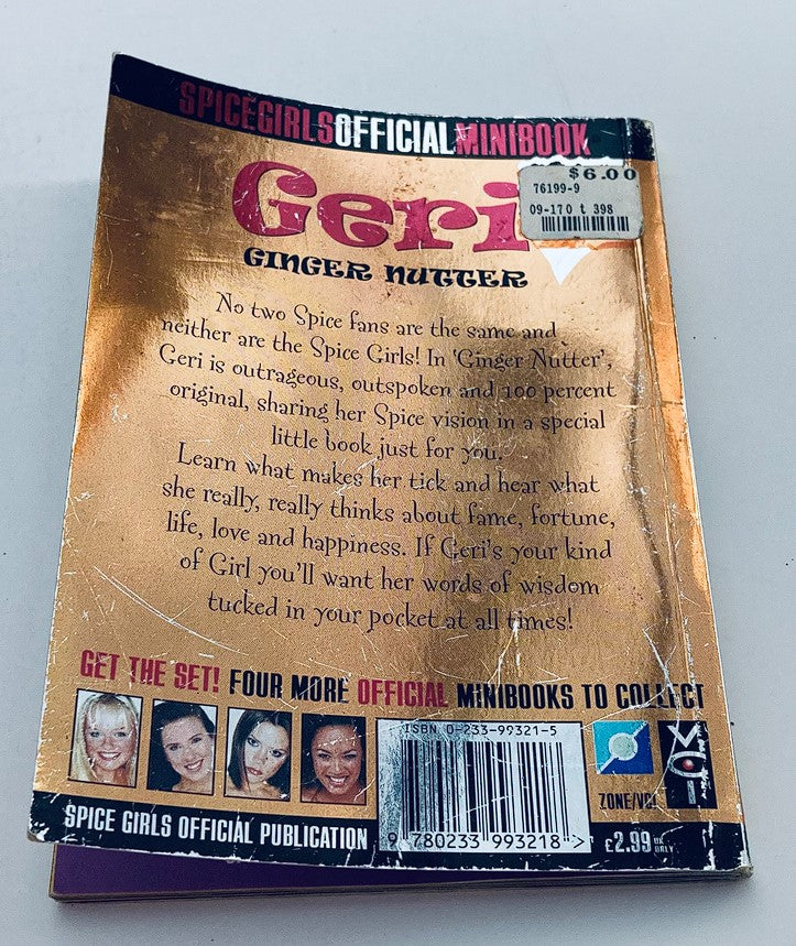 Back cover of the 1997 Official Spice Girls Minibook titled 'Geri Ginger Nutter', featuring details about Geri Halliwell and her personality, along with pricing labels.