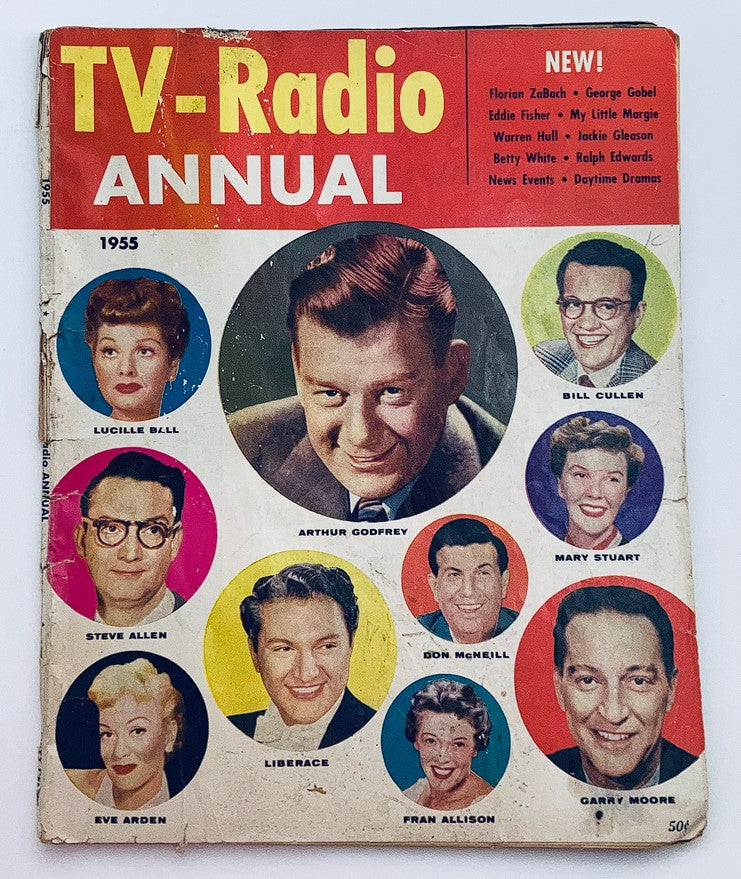 VTG TV Radio Annual Magazine 1955 cover featuring Lucille Ball, Arthur Godfrey, and other iconic celebrities, illustrating vintage television history.