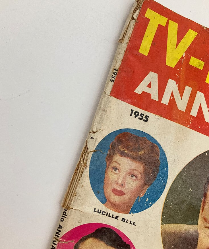 Close-up of the 1955 VTG TV Radio Annual Magazine cover highlighting Lucille Ball, showcasing iconic mid-20th century television celebrities.