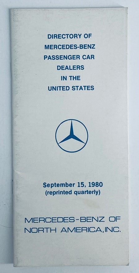 1980 Mercedes-Benz Lineup Dealer Showroom Sales Brochure Guide Catalog featuring the front cover listing 'Directory of Mercedes-Benz Passenger Car Dealers in the United States, September 15, 1980, reprinted quarterly, Mercedes-Benz of North America, Inc.' with the iconic Mercedes-Benz logo.