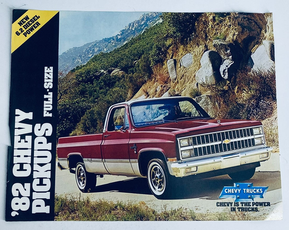 1982 Chevrolet Pickups Full-Size Dealer Showroom Sales Brochure featuring a red Chevy pickup truck against a mountainous backdrop, showcasing the truck's design and utility.