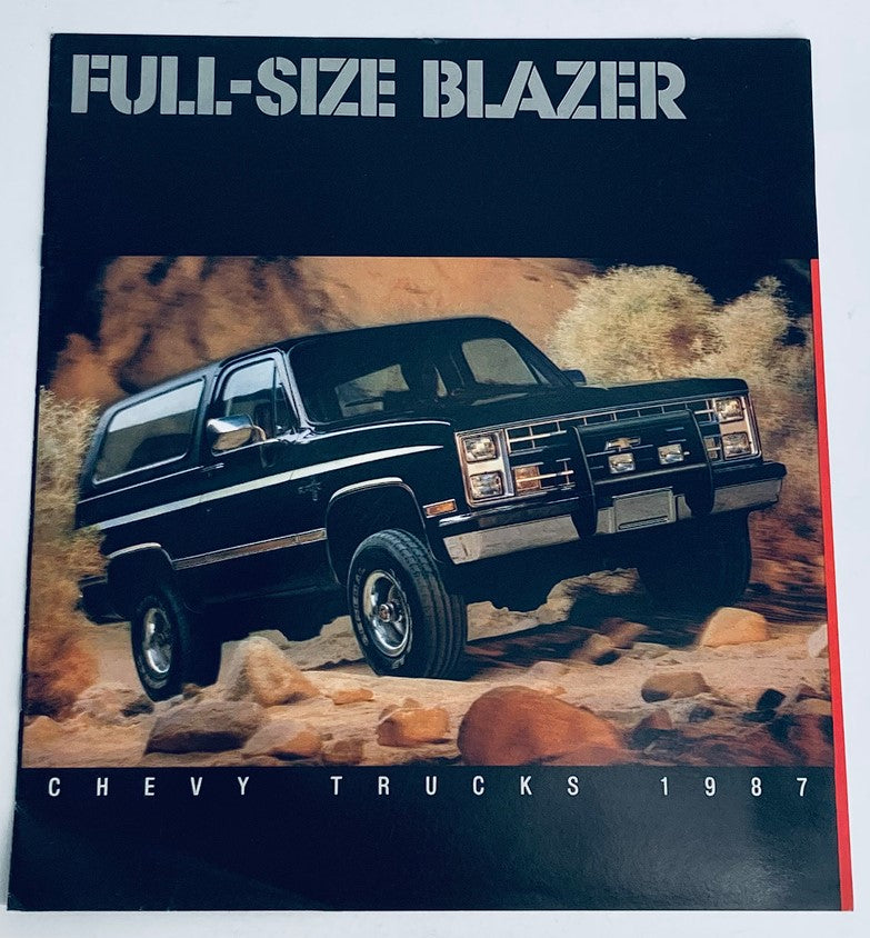 1987 Chevrolet Full-Size Blazer Dealer Showroom Sales Brochure featuring the iconic Chevy truck in a desert landscape, showcasing its design and features for promotional purposes.
