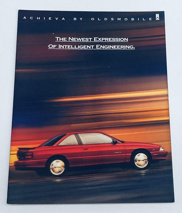 1992 Oldsmobile Achieva Dealer Showroom Sales Brochure Catalog featuring a sleek red car on a dynamic background, showcasing the newest expression of intelligent engineering.