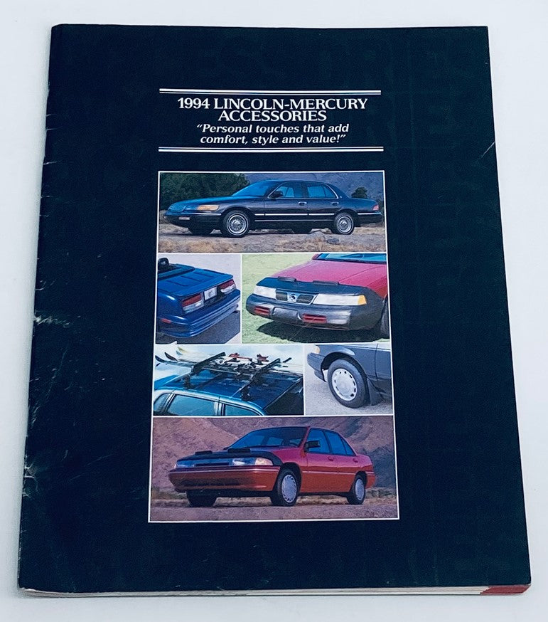 1994 Lincoln-Mercury Accessories Dealer Showroom Sales Brochure Catalog featuring a collage of vehicle images showcasing accessories for enhanced comfort and style.