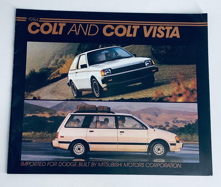 1984 Dodge Colt & Colt Vista Dealer Showroom Sales Brochure Guide Catalog featuring images of the Dodge Colt and Colt Vista vehicles. The top image shows the Dodge Colt in motion, while the bottom image displays the Colt Vista with passengers inside, highlighting the design and functionality of both models.