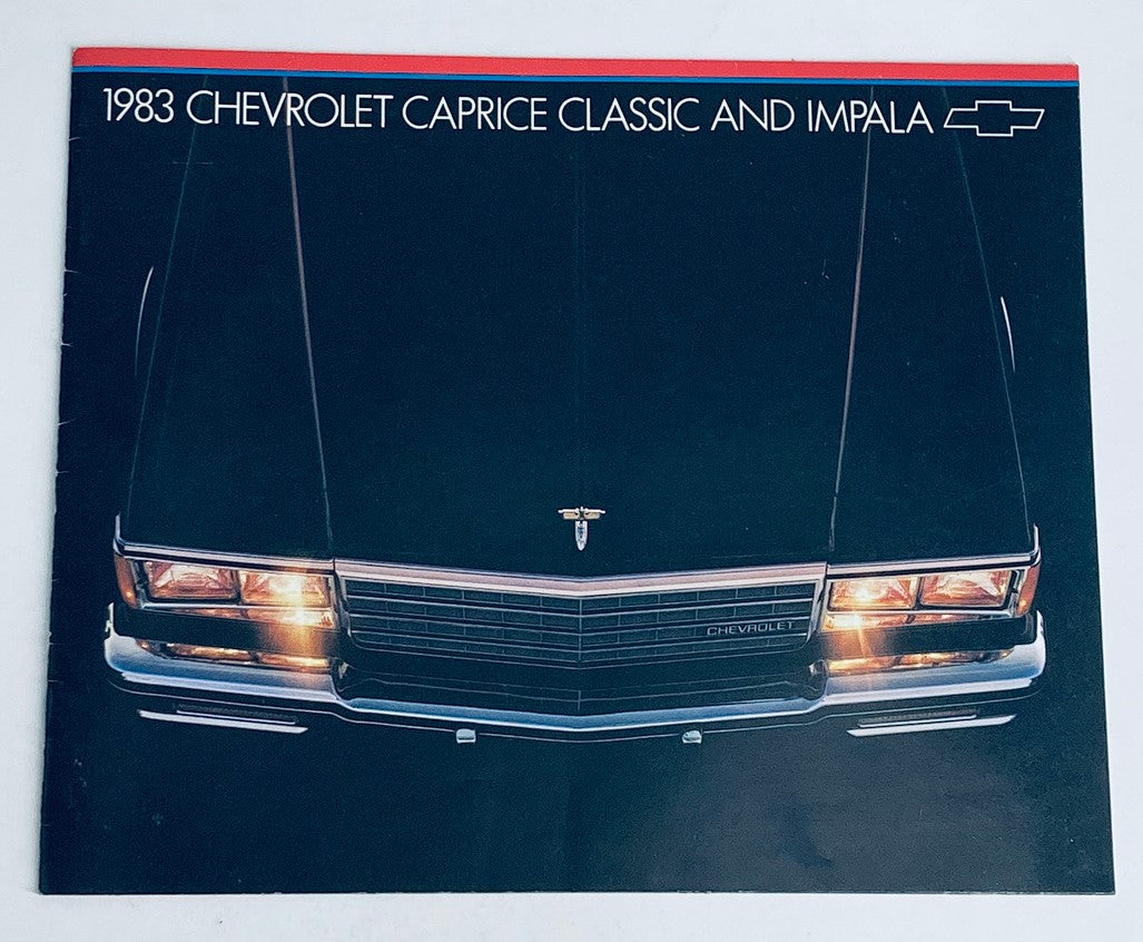 1983 Chevrolet Caprice Classic Dealer Showroom Sales Brochure featuring a close-up view of the car's front grille and headlights, highlighting the classic design and elegance of the model.