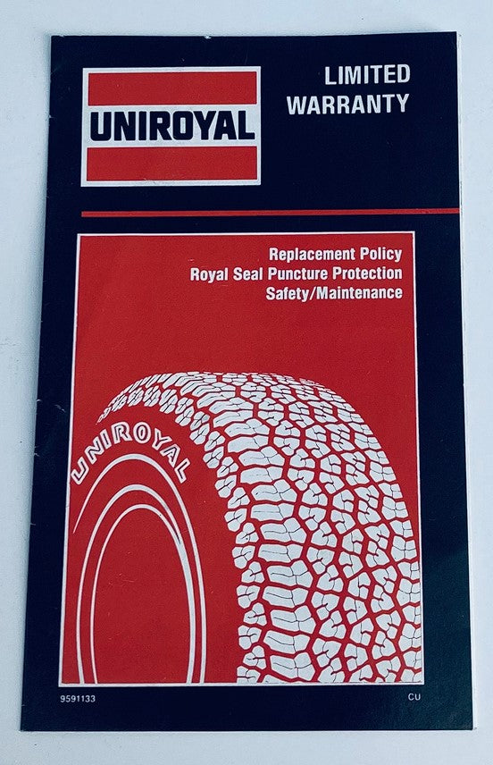 1986 Uniroyal Limited Warranty Folder featuring tire design and warranty details including replacement policy, puncture protection, and safety maintenance.