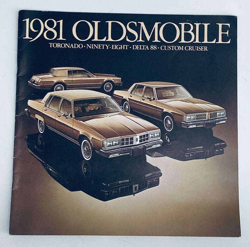 1981 Oldsmobile Toronado Dealer Showroom Sales Brochure featuring various models including Toronado, Ninety-Eight, Delta 88, and Custom Cruiser, showcasing their distinctive designs and colors.